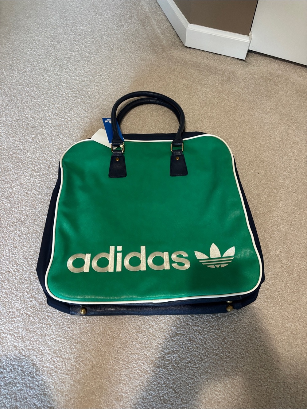 adidas leather Green Tote with Navy Handles and White Logo